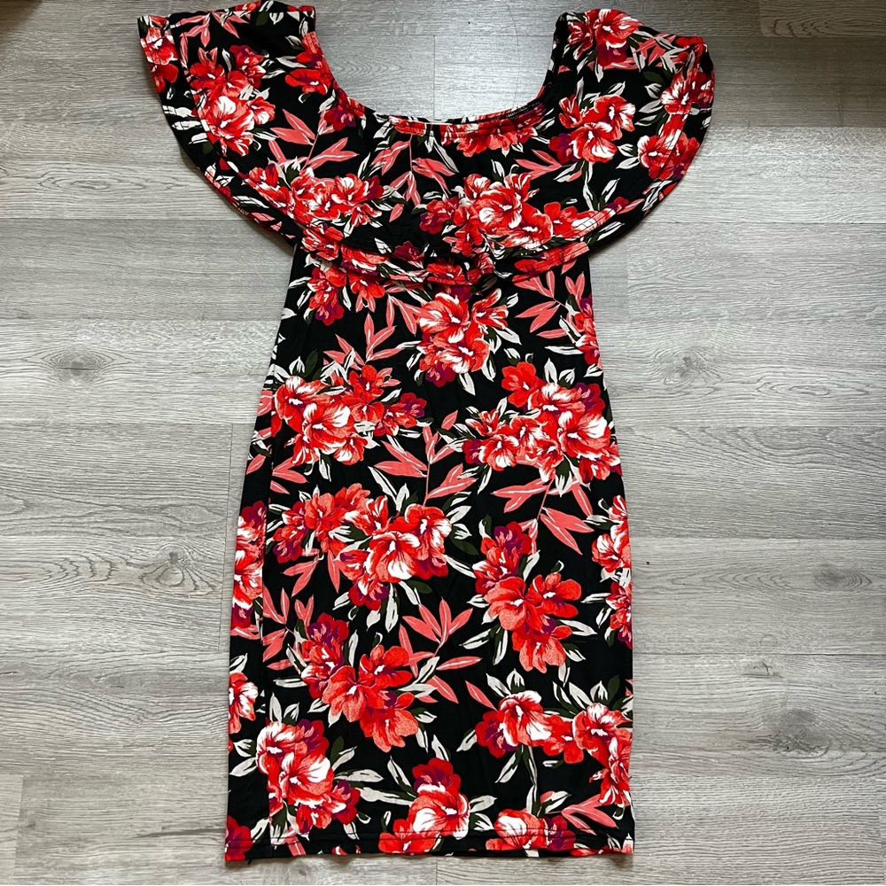 Miss Selfridge Floral Off The Shoulder Black Mini Dress
